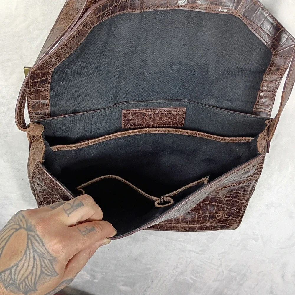 Foley‎ + Corinna Brown Croc Embossed Leather Satchel Shoulder Bag Brass Hardware
